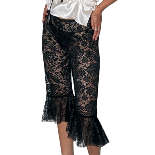 Image of Women Sheer Floral Lace Leggings Capris Y2K See Through Knee Length Tights Thigh High Stockings