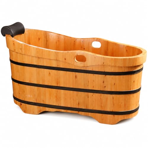 CALVETRA Freestanding Wooden Bathtub for Adults, Custom Cedar Wood Soaking Tub, Japanese Style Bath Tub with Soft Headrest, Removable Bench, Backrest and Pop-Up Drain (WOOD COLOR, 59.1 in)