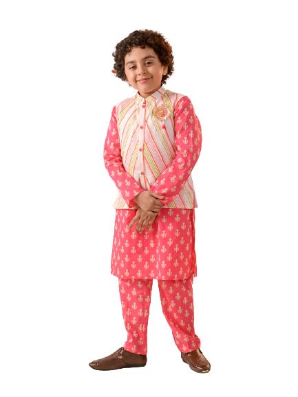 Pspeaches Boys Ethnic Motifs Printed Pure Cotton Kurta With Pyjamas Nahru Jacket