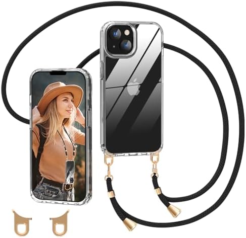 Nupcknn Silikonowe etui z liną do iPhone 13, miękka silikonowa obudowa z paskiem Regulowany wisiorek naszyjnik pasek na szyję łańcuch smycz 1.5M (tęcza)
