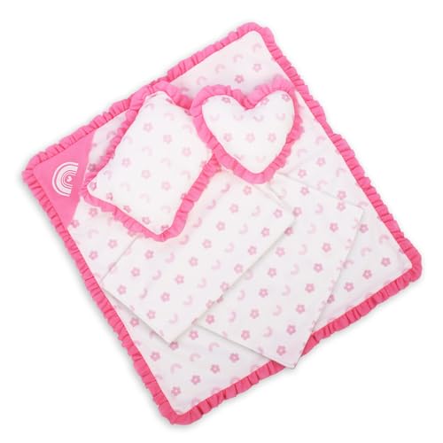 Guforio 4Pcs Doll Bedding Accessories Set Included 1 Doll Blanket 1 Mattress 2 Pillows Pink Flower & Rainbow Ruffled Design Fits 1619 Inch Dolls Compatible with 18 Inch Doll Beds