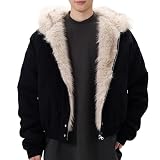 Uohuangjia Mens Winter Coats Fur Hood Y2k Full Zip Up Jacket Baggy Casual Thick Cotton Heavyweight Warm Coats with Hood (Black,Medium)
