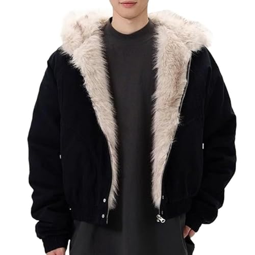 Uohuangjia Mens Winter Coats Fur Hood Y2k Full Zip Up Jacket Baggy Casual Thick Cotton Heavyweight Warm Coats with Hood (Black,Large)