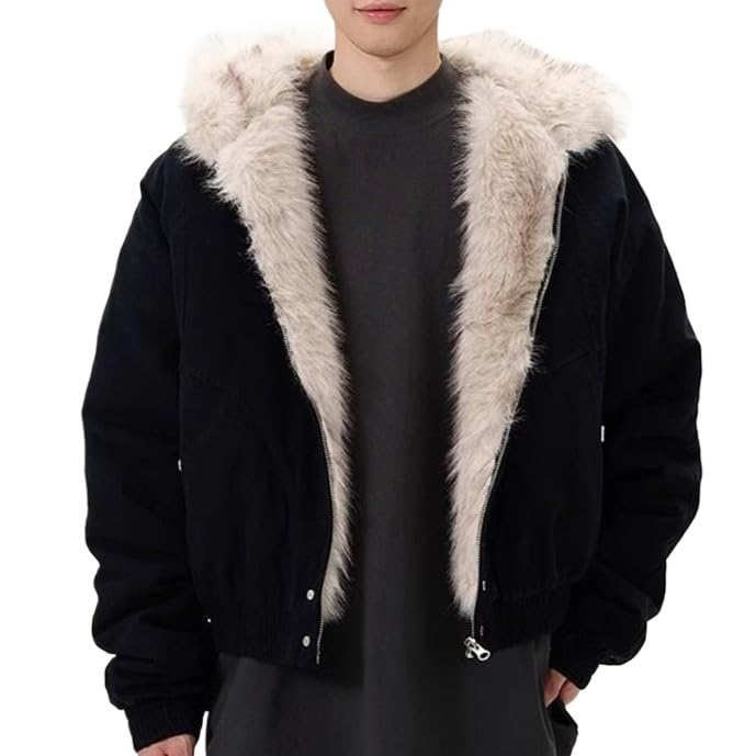 Uohuangjia Mens Winter Coats Fur Hood Y2k Full Zip Up Jacket Baggy Casual Thick Cotton Heavyweight Warm Coats with Hood (Black Medium)