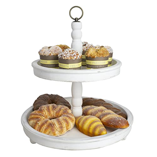 Christmas Tiered Tray - Round Two Tier Tray - Farmhouse Rustic 2 Tier Serving Tray - Metal Handle Wooden Serving Tray For Party Decor, Cake Platter, Fruit Bowl, Coffee Trays 15 X 15 Inch White #TOP3