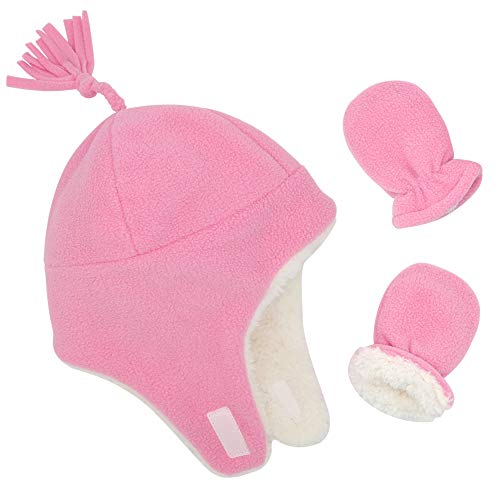 Baby Girl Sherpa Hats and Mittens Set Toddler Gloves Warm Fleece Winter Hat Baby Boy 01 Pink 6-12 Months