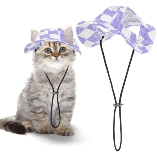 CREATCABIN Plaid Pet Hat with Ear Holes Cat Hats Dog Hat Cat Headwear Soft Cotton Outdoor Sun Protection Pet Caps Adjustable for Small Kitten Cats Dogs Birthday Christmas Party Costume Lilac 5.7 Inch