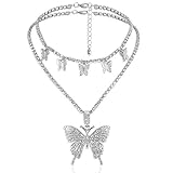 Statment Big Butterfly Pendant Necklace Rhinestone Chain Silver for Women Girl Bling Bling Chain Shiny Crystal Choker Necklace Jewelry Gifts