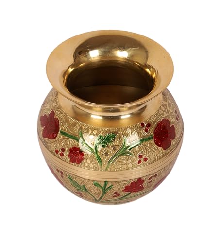 Image of Two Moustaches 4 Inches Flowers Design Brass Pooja Kalash, Kalash for Pooja Rituals, Brass Gangajali Lota, Kalash for Pooja, Kalash for Gangajal, Multicolored, Pack of 1