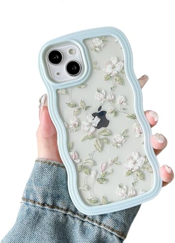 COVERLUXE Compatible with iPhone 13 - Floral Transparent Wavy Silicone Case, Cute Pressed Flower Design, Shockproof Soft TPU Back Cover, Slim Protective Bumper Case for Women & Girls (Blue)