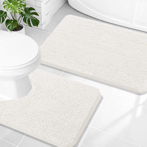 Image of OLANLY Bathroom Rugs Sets 2 Piece, Soft Absorbent Chenille Bath Mats and U-Shaped Contour Toilet Mat Area Rug Set, Machine Washable Bath Carpet, Home Decor Accessories(30 inchx20 inch+24 inchx20 inch, Ivory)