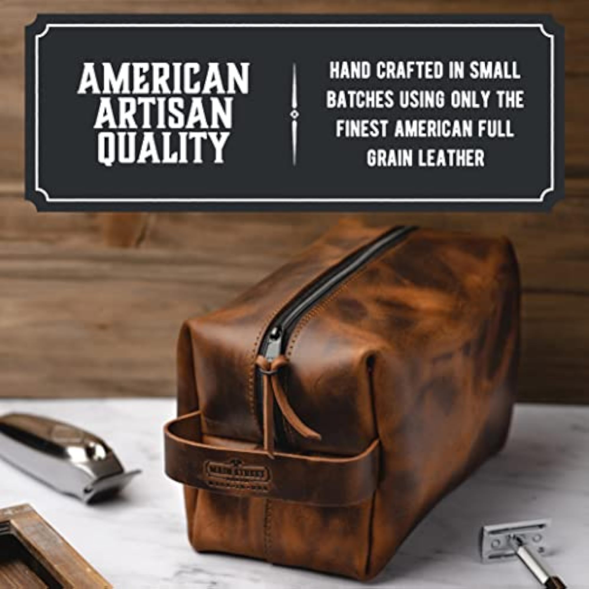Premium Full Grain Leather Toiletry Bag, Made in USA
