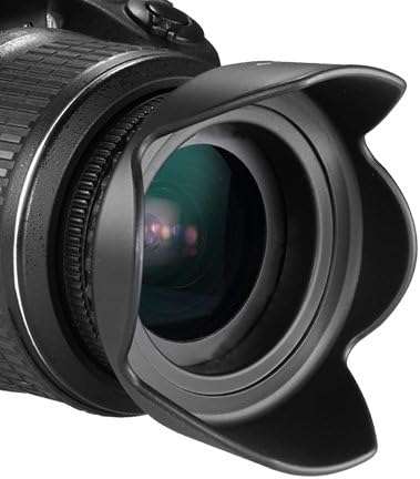 A black tulip-shaped lens hood attached to a camera lens