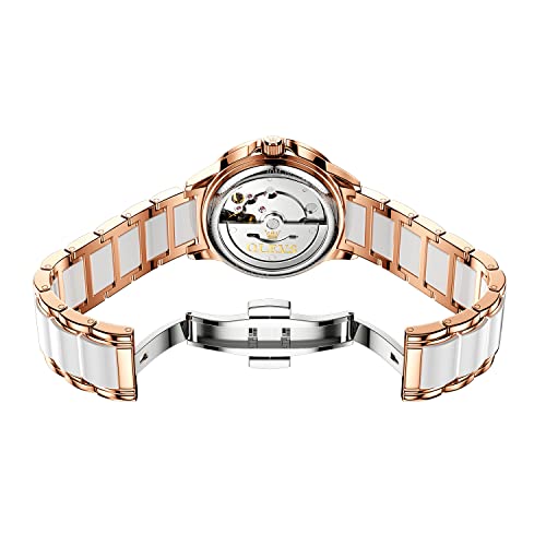 Olevs Women Automatic Mechanical Watches Blue Rose Gold Ceramic Band Diamond Case Blue Face Waterproof Luminous Ladies Wrist Watches #TOP2