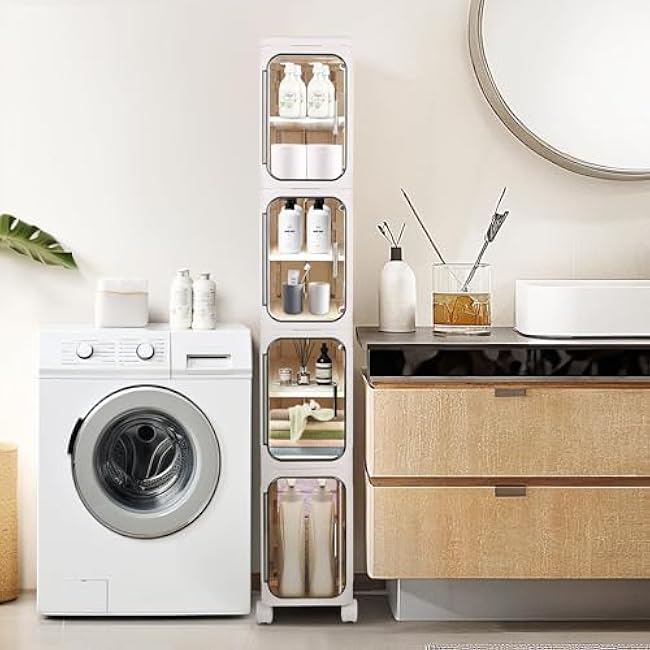 Makeup Vanity Set with Mirror and Lights Stackable Foldable 3-ply Slim Plastic Bathroom Cabinet with Door and Adjustable Shelves, Wheels(4-Tier)