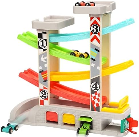 TOP BRIGHT Wooden Car Ramp Toys for 1 2 3 Year Old Boy Gifts Birthday Presents Toddler Race Track Toy with 4 Cars and 3 Car Garages