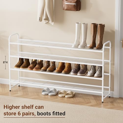 Image of KEETDY 4-Tier Long Shoe Rack for Closet Floor, Wide Shoe Organizer Storage, Stackable Shoe Rack for Entryway Metal Shoe Shelf for 30 Pairs Men Sneakers with Wire Grid for Bedroom, White