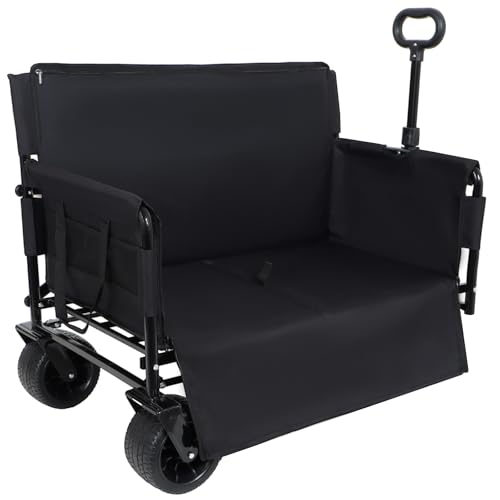 Image of 3-in-1 Convertible Folding Wagon Cart with Bench Seat & Storage - 500lbs Heavy-Duty Utility Wagon, 180L Capacity All-Terrain Wheels for Camping, Beach, Sports, Garden (Black)