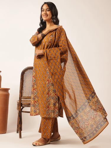 Image of Vbuyz Women's Printed & Embellished & Mirror Work Straight Cotton Stitched Kurta set | Straight Kurta Pant Dupatta | Kurta Set with Dupatta for Women | Suit Set | Ethnic Set | Printed Kurta Set