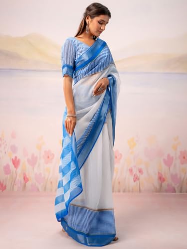 Image of Satrani Women's Linen Printed Ready To Wear Saree with Unstitched Blouse Piece