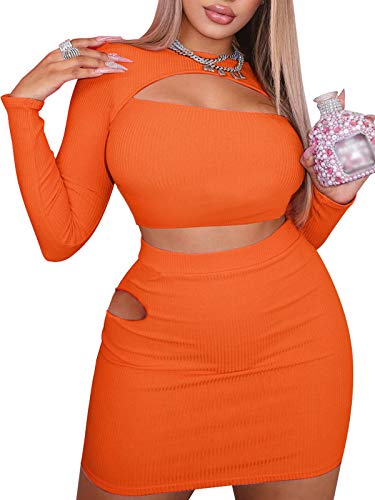 Women s Sexy Two Piece Outfits Long Sleeve Crop Top Skirt Set Bodycon Mini Club Dress Orange XX-Large
