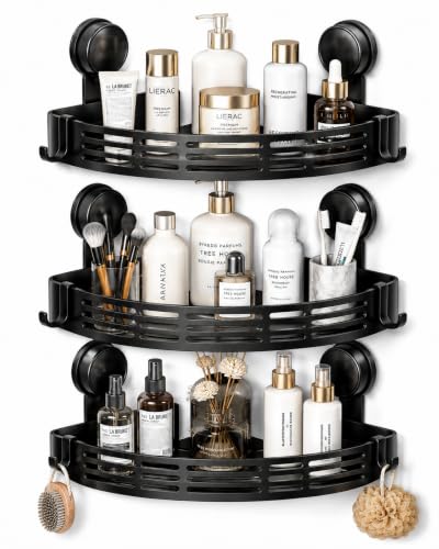 Corner Shower Caddy Suction Cup, 3 Pack Shower Shelves No Drilling, Powerful Suction Storage Shelf Holds Up to 40 lbs, Shower Organizer for Bathroom with Large Capacity, Removable & Reusable, Black