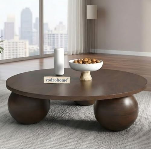 Image of Solid Mango Wood Modern - Round Coffee Table with Ball Shape Base - Bohemian Solid Wood Coffee Table for Office and Living Room C#058 (Walnut)
