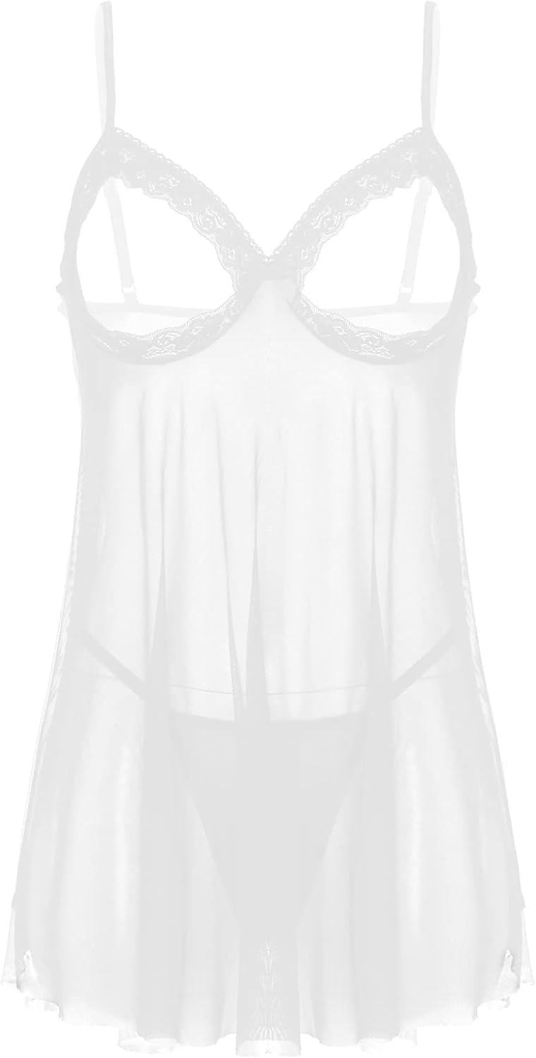 Mufeng Womens Sexy Chemise Nightgowns Mesh Sheer Open Cup Mini Dress Transparent Nightdress with G Strings