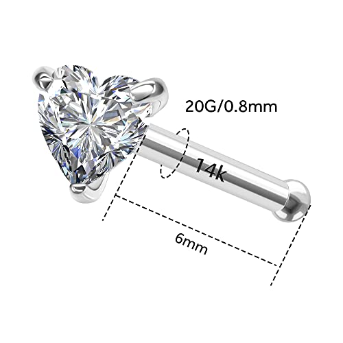 Designfy 14K White Gold Heart Nose Rings For Women & Men, 20G Nose Stud With 3Mm Cz Simulated Diamond, Skin Safe, Hypoallergenic Real White Gold Nose Piercing #TOP1