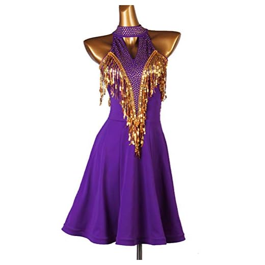 Stafeny Vestido de Baile Latino con Lentejuelas Y Borlas para Mujer Trajes de Baile de Tango con Cuello Halter de Rendimiento Vestidos de Baile de Salón Cha Cha Sin Mangas,Púrpura,S