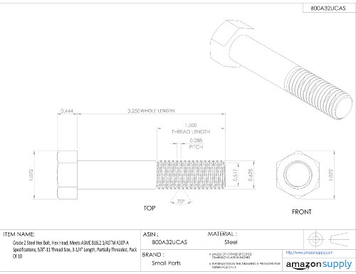 Image of Steel Hex Bolt, Grade 2, Plain Finish, Hex Head, External Hex Drive, Meets ASME B18.2.1 /ASTM A307, 3-1 /4 inch Length, Partially Threaded, 5 /8 inch-11 Threads (Pack of 10)