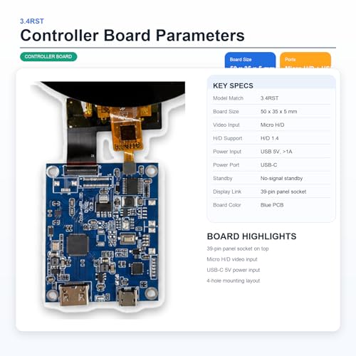 Image of 3.4 Inch Round LCD Touch Display 330 nit 800x800,H /D Video&USB Power Port | IPS Capacitive Touch Sensor Screen, for Dashboard, Smart Control Panel, Windows Compatible .mini HDMI Controller Board