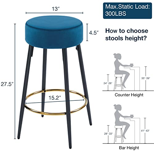 Fefances Dark Blue Bar Stools Set Of 2 Modern Round Velvet Bar Stools Counter Height Bar Stool Kitchen Breakfast Round Dining Chair 27.5 Inch Height #TOP2