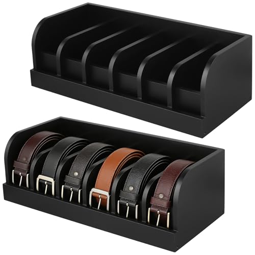 YAUFWUA 2 PCS Bamboo Belt Organizer, 6 Compartments Belt Storage Organizer Belts Display Case for Closet and Drawer, Men and Women (Black) by YAUFWUA - Used condition - US$30.96