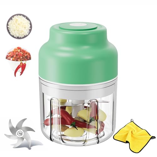 Procesador eléctrico de alimentos, mini picador eléctrico portátil de alimentos, recargable por USB, inalámbrico, con 6 cuchillas de acero inoxidable para ajo, cebolla, chile, nueces y carne (verde)