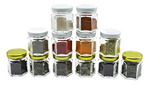 Image of Cute Hexagonal 50 Grams Airtight Glass Jar Containers for Honey, Spices & Other Kitchen Items with Rust Proof Gold & White Color Caps -Set of 12