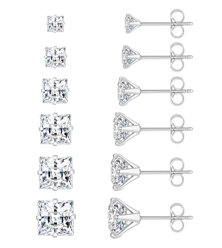 6 Pairs Square Earrings, Princess Cut Earrings Set for Men Women, Hypoallergenic Surgical Steel Silver Clear Cubic Zirconia Stud Earrings for Multiple Piercing Sensitive Ears CZ Size 3-8mm