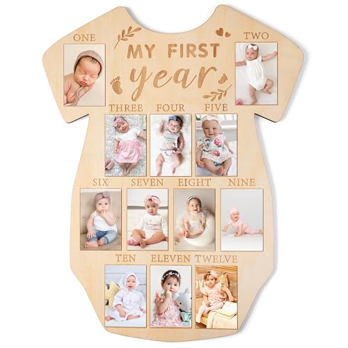 R HORSE My First Year Photo Display Wood Board, Baby’s First Year Picture Frame 12 Months Milestone Sign Bodysuit Shape 1st Birthday Photo Frame Baby Keepsake Board Nursery Decor Gift for Boy Girl
