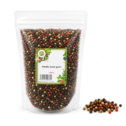 K T 1000 g / 1 Kg Pfeffer bunt ganz - Pfefferkörner - Perfekt für Mühle & Mörser
