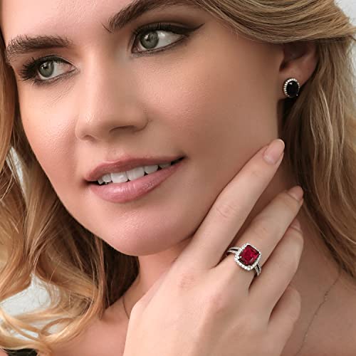 Gem Stone King 4.42 Cttw 925 Sterling Silver Red Created Ruby Ring | Engagement Ring For Women | Emerald Cut 10X8MM | Available In Size 5, 6, 7, 8, 94