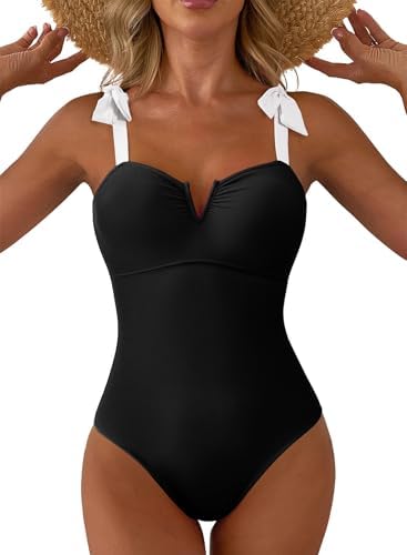 Aleumdr Retro One Piece Swimsuit for Women Tummy Control Bathing Suits V Neck Boho Tie Shoulder Color Block Monokini Swimming Athletic Swimwear Black X-Large