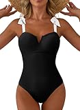 Aleumdr Retro One Piece Swimsuit for Women Tummy Control Bathing Suits V Neck Boho Tie Shoulder Color Block Monokini Swimming Athletic Swimwear Black Medium
