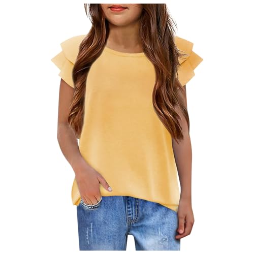 Girls Ruffle Sleeve T Shirts Trendy Frill Design Casual Blouse for Big Kids Soft Summer Top Loose Fit Daily Outfit