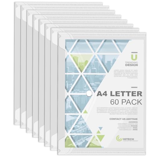 60 envelopes de plástico com fecho de botão, pastas de plástico transparente A4, envelope de poliést