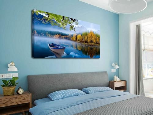 Image of Arjun Lake Canvas Wall Art Blue Mountain Sky Nature Landscape Picture Boat Artwork Modern Scenic Painting Framed Large for Living Room Bedroom Bathroom Dinning Room Home Office Wall Decor 40 inchx20 inch