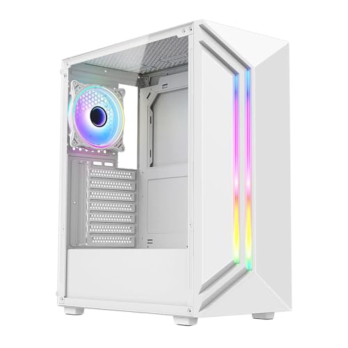 Combrite Apollo Mid ATX PC Gaming Case, Tower Case With 120mm ARGB Fan, LED Strip, Tempered Glass Side Panel (White)