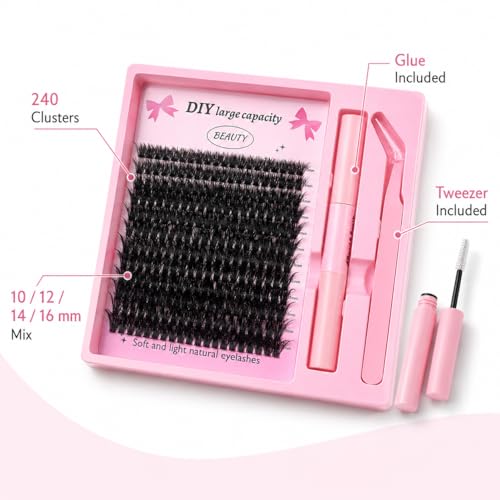 Image of 240 Clusters 80D Volume DIY Segment Lashes - D Curl 10-16mm, Individual Eyelash Extensions Kit with Glue & Tweezer, Natural Fluffy False Eyelashes for Women, Self Adhesive Anime Wink Lashes Bullet Points