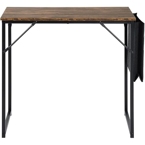 FurnitureR 31.5 inch Small Study Writing Table with Storage Bag Space Saving for Home Office, Modern PC Metal Frame Computer Desk, Black/Brown