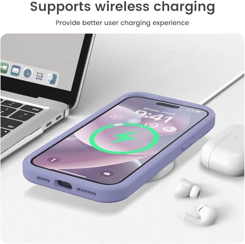 Image of Elzzi Microfiber Square Candy Case Compatible for iPhone 14 PRO MAX, Shockproof Slim Back Cover Liquid Silicone Case -Forest Green (Lavender Grey)