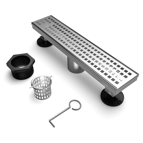 BARONAGE Linear Shower Drain 12 Inch, Rectangular Floor Drain with Accessories Square Hole Pattern Grate Removable SUS304 Stainless Steel CUPC Certified (Brushed) Cover